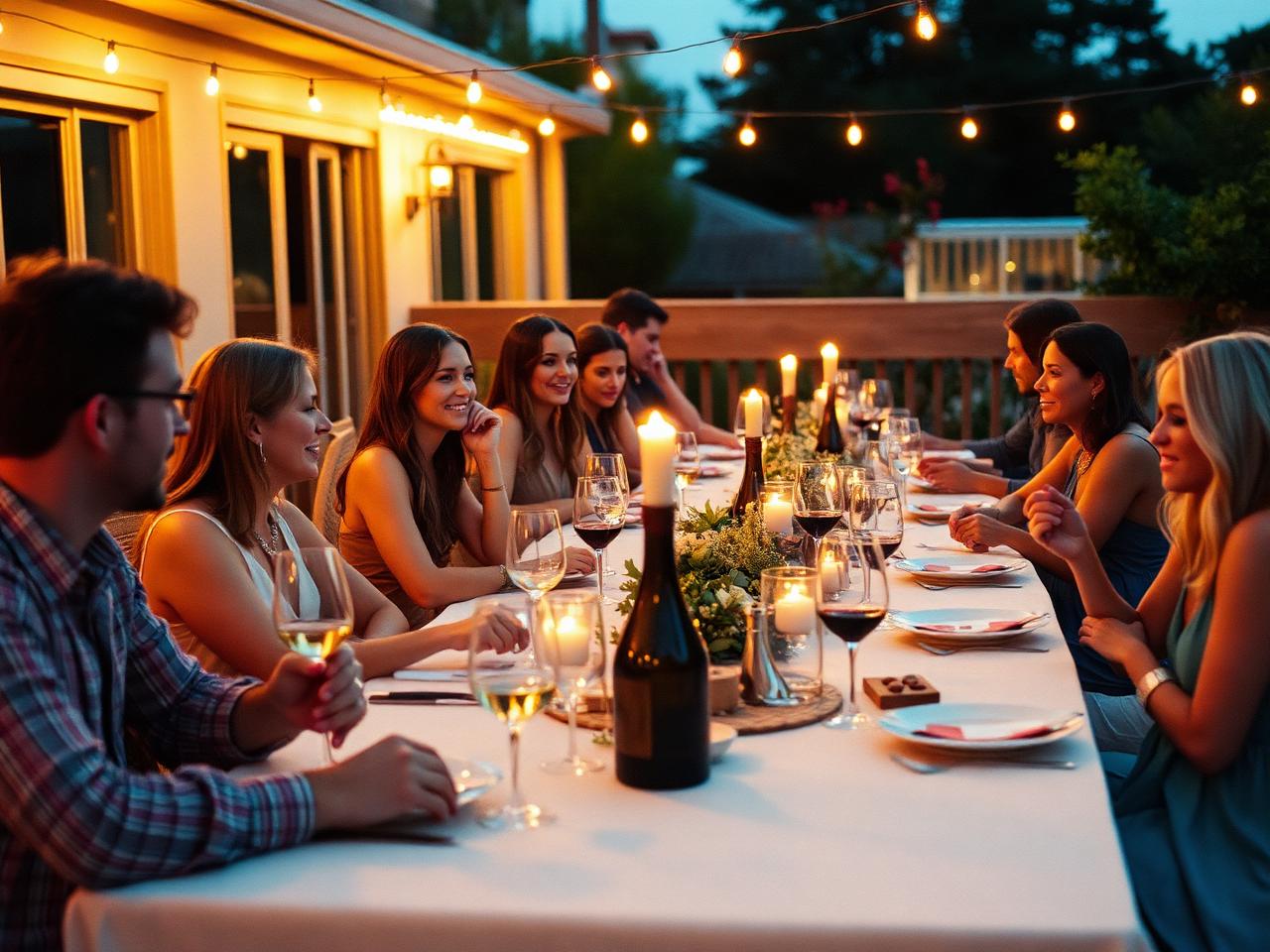 A long communal dinner table full of people mid-conversation
