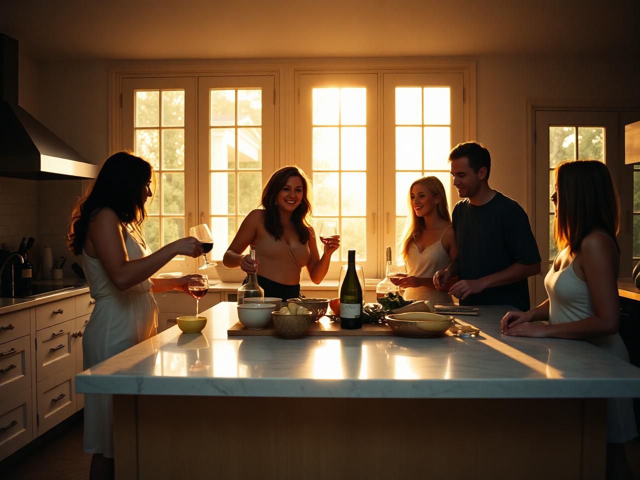 Housemates cooking together in a chalet kitchen