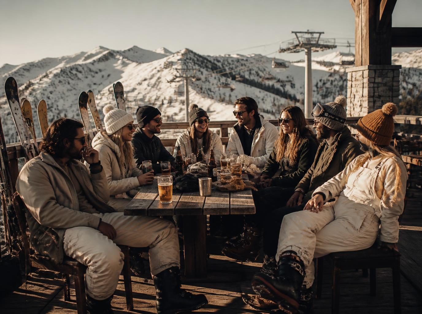 Friends in ski gear relaxing with drinks after a day on the mountain
