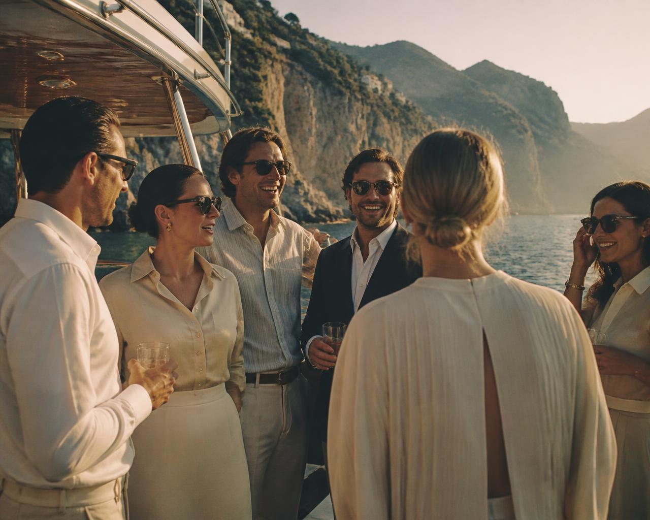 A group on the deck of a chartered boat at golden hour