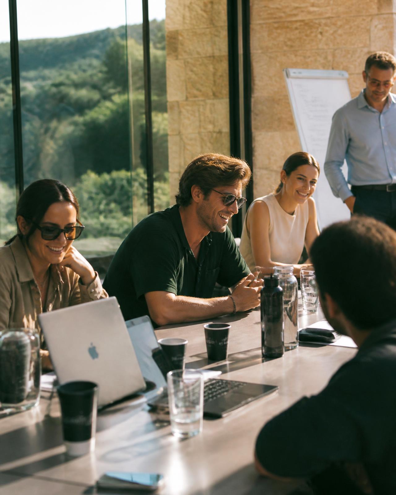 A team working and laughing together on a sunlit villa terrace during an offsite