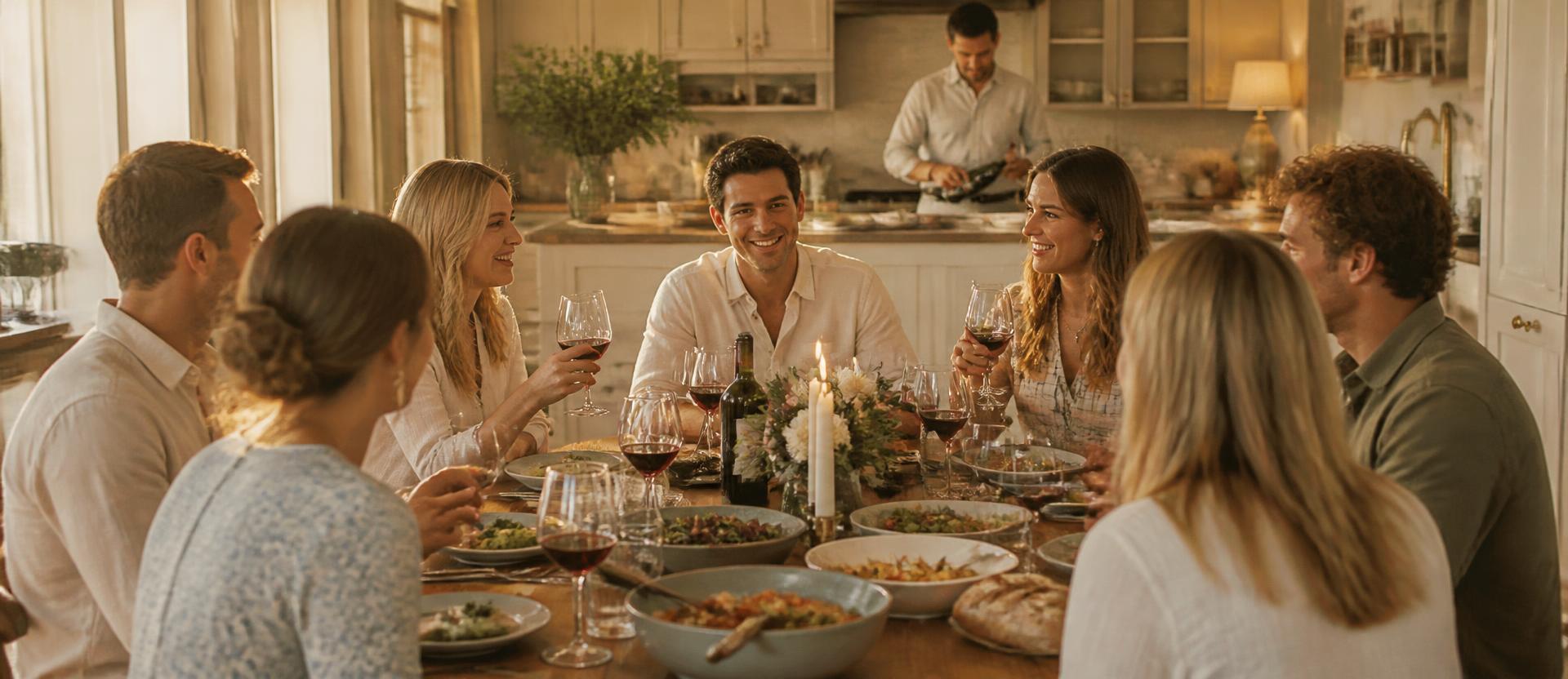 Friends around the dinner table inside a house, with someone cooking in the kitchen behind