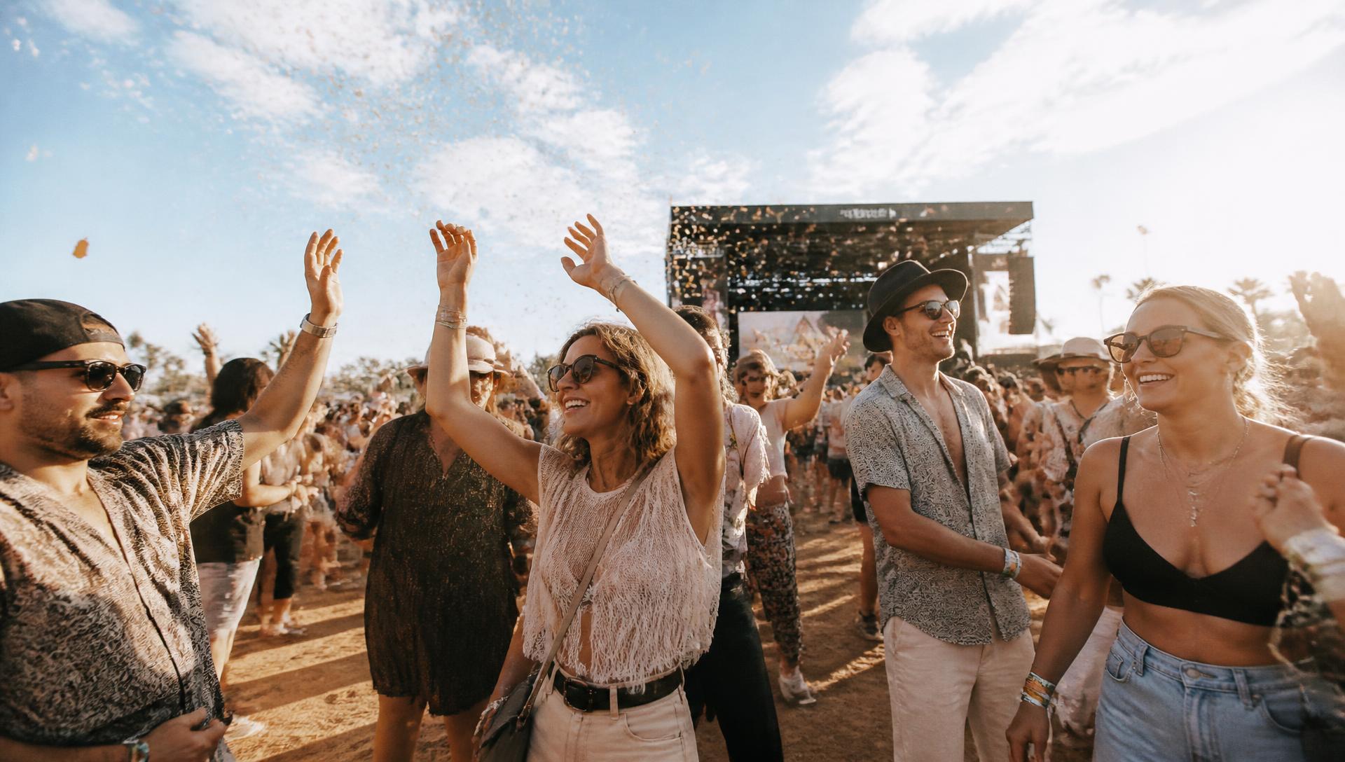 A festival crowd dancing in bright afternoon sunlight