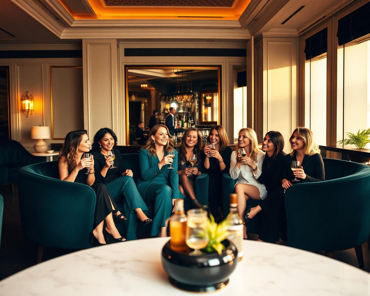 People connecting over drinks in a hotel bar during an event week