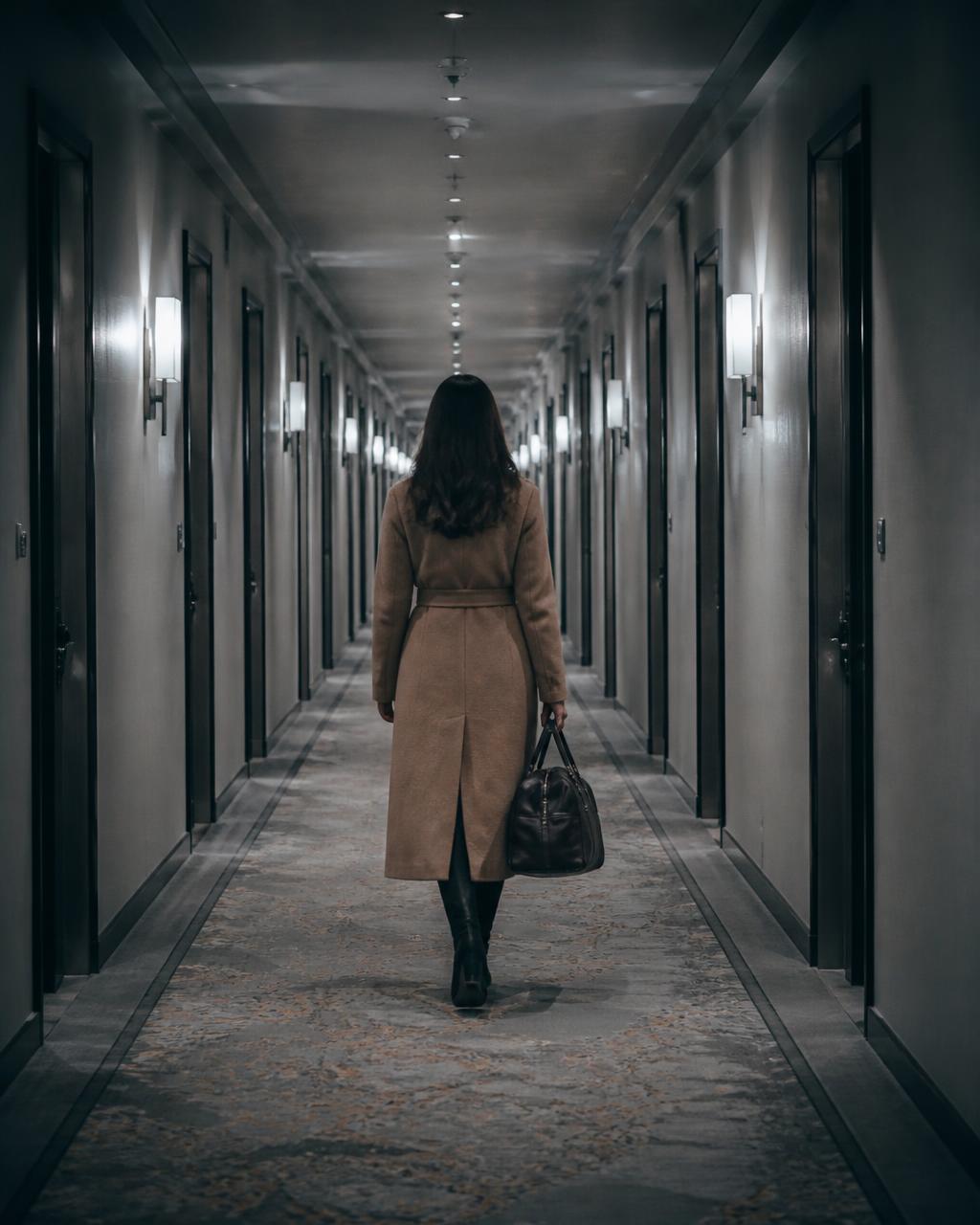 A lone traveller walking down an empty hotel corridor