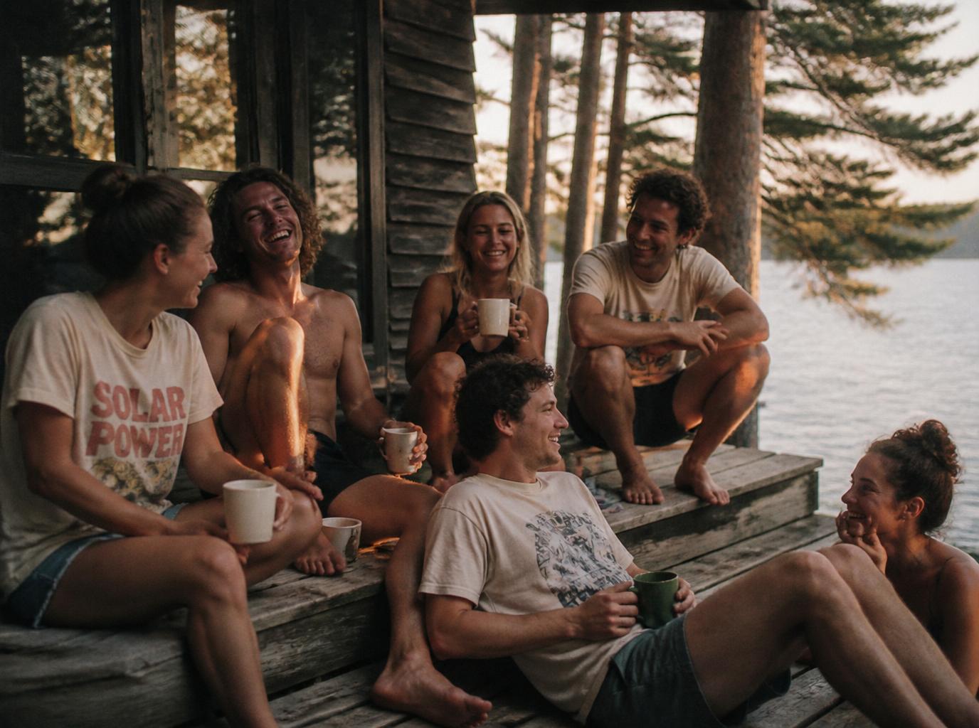 Younger friends on the porch steps of a lakeside summer cabin at golden hour