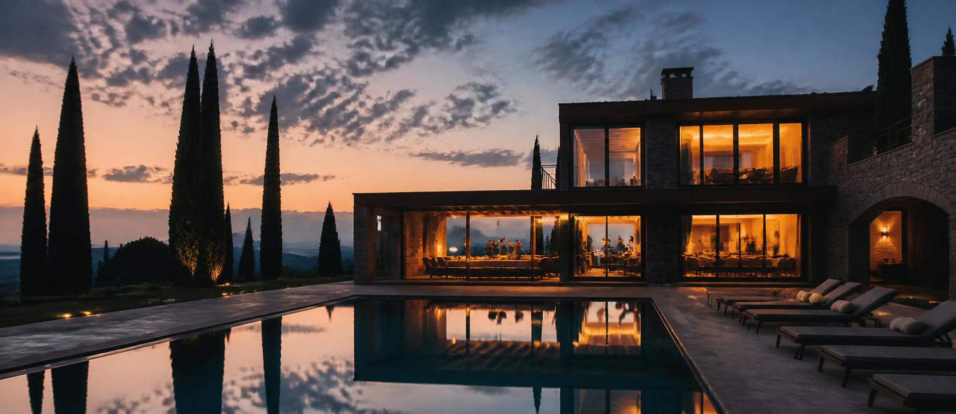 A group celebrating together at a villa at twilight