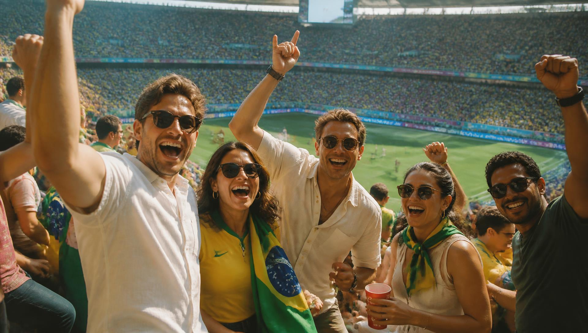 Friends celebrating together in the stands at a World Cup match